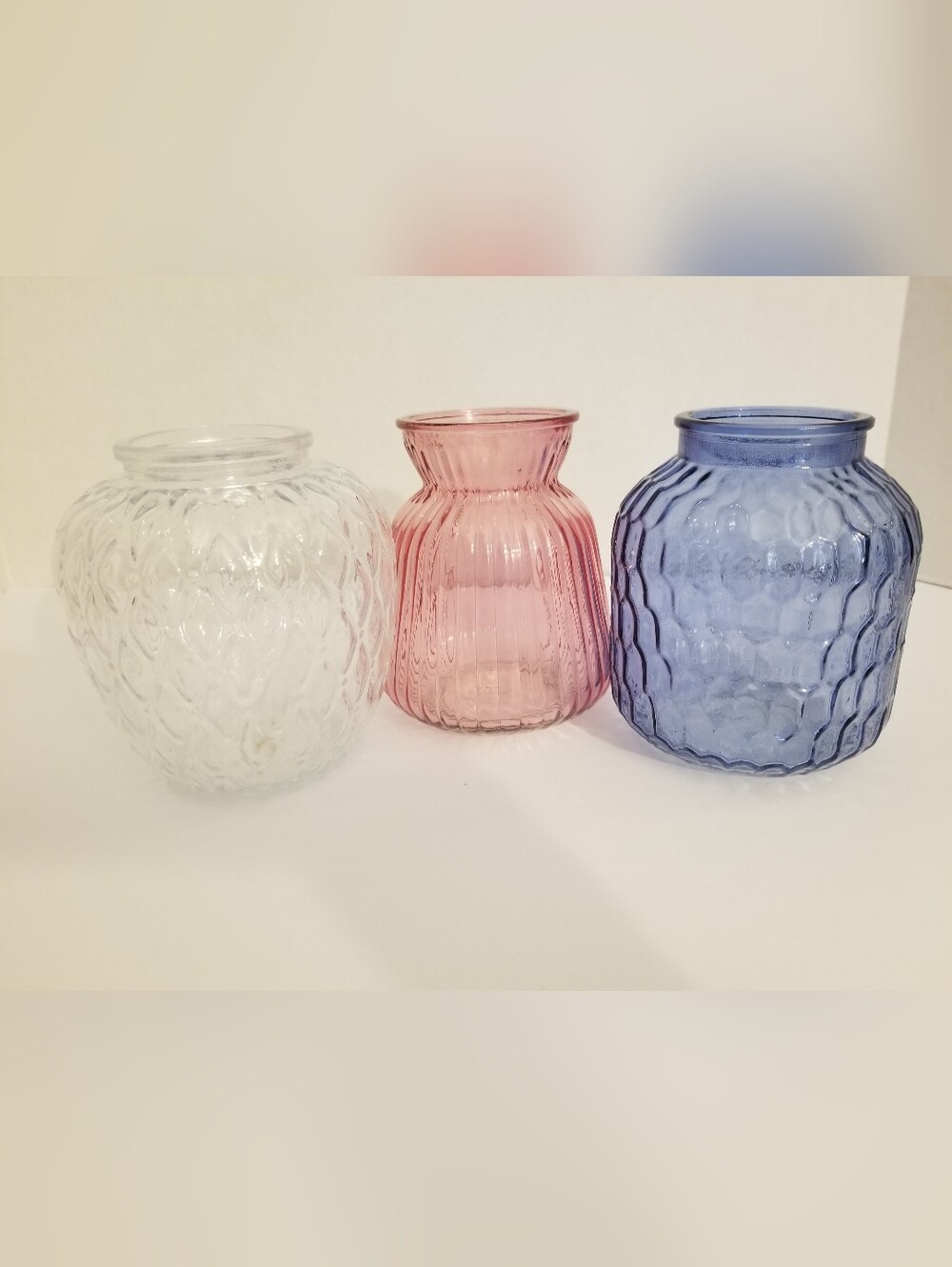 Patriotic American Textured Glass Flower Vases muted Clear Red White Flag Colors